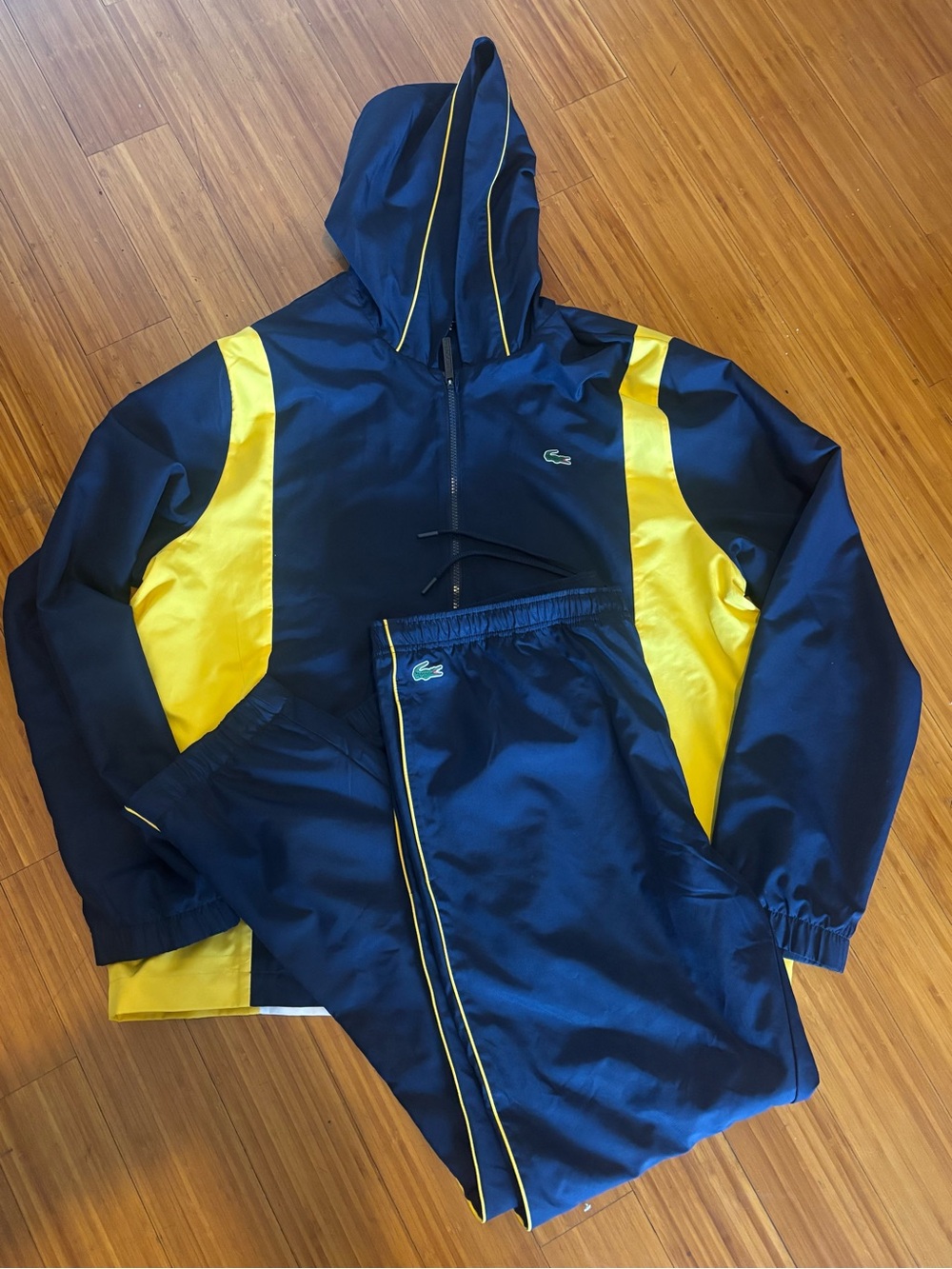 Lacoste mens Navy and Yellow hooded  track suit Jacket with Matching Pants XXL
